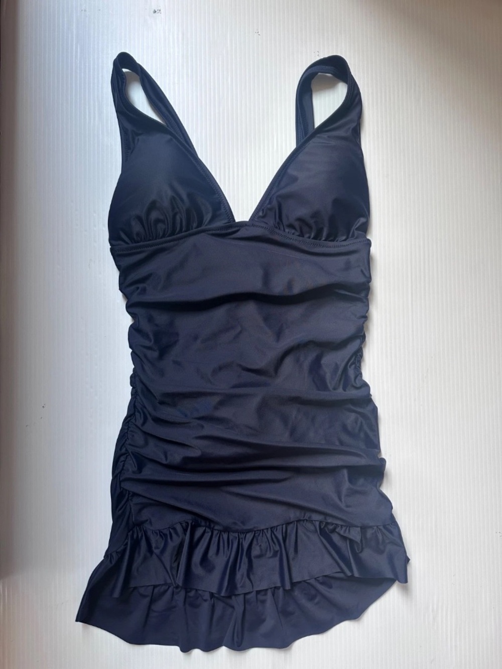 J. Crew Womens Sz 6 Navy One Piece Ruched Ruffle Hem Skirted V Neck Swimdress